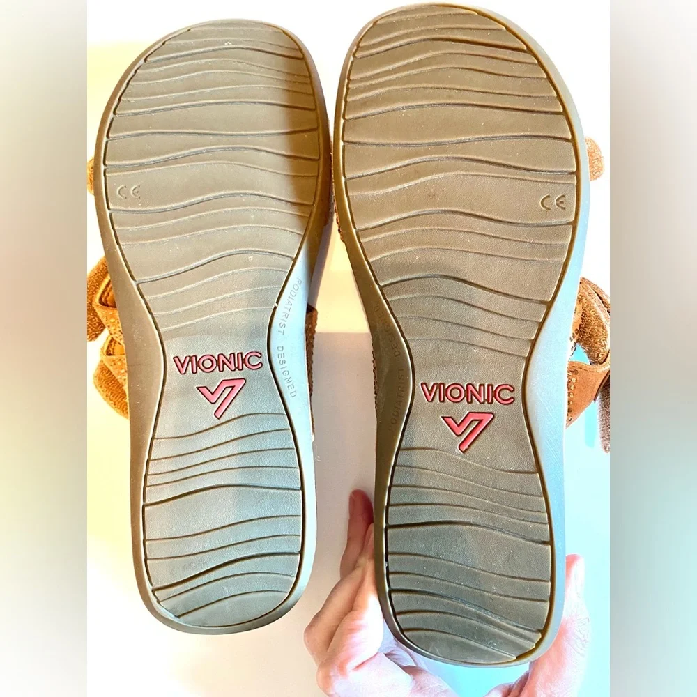 Vionic Tan Rhinestone Sandals Adjustable Straps, Slides, orthotics, size 12 - Picture 8 of 10